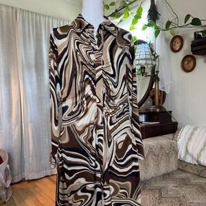Emma & Michele Brown Marble Swirl Ruched Button Front Midi Shirt Dress Mens M